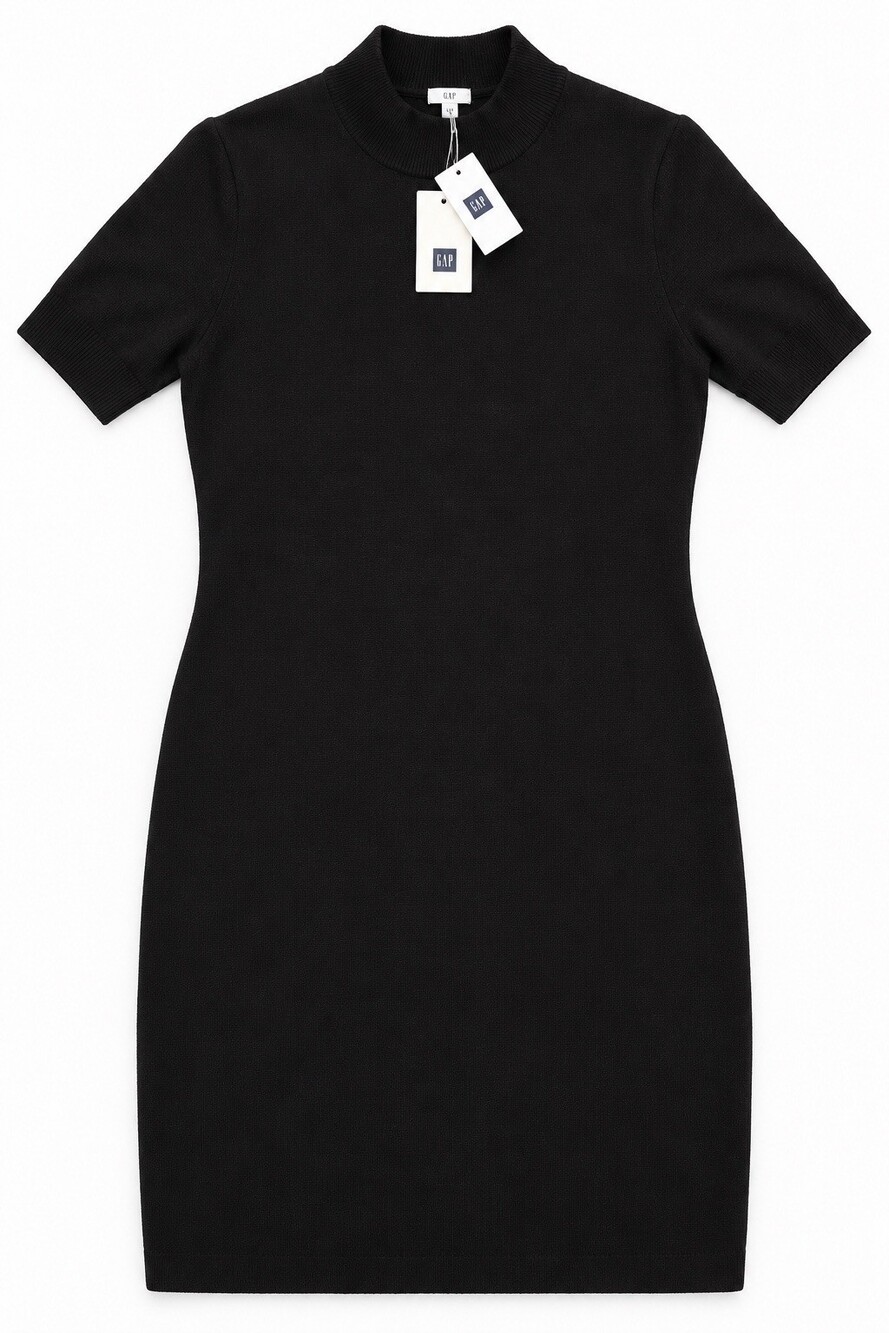 GAP L Tall Black Merino Wool Dress Short Sleeve Ribbed Mock Neck